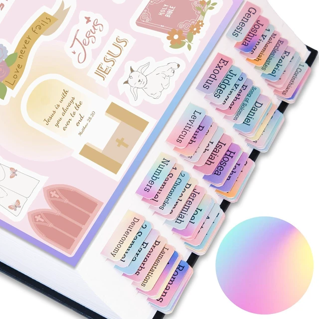 Main image of Bible Tabs with Unique Stickers, Bible Tabs for Women, Laminated Bible Tabs, Christian Gifts, Large Print Bible Tabs for Easy Navigation, Bible Book Index Tabs Labels, Bible Study Supplies (Rainbow)