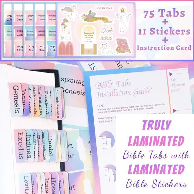 Alt view image 5 of 7 - Bible Tabs with Unique Stickers, Bible Tabs for Women, Laminated Bible Tabs, Christian Gifts, Large Print Bible Tabs for Easy Navigation, Bible Book Index Tabs Labels, Bible Study Supplies (Rainbow)