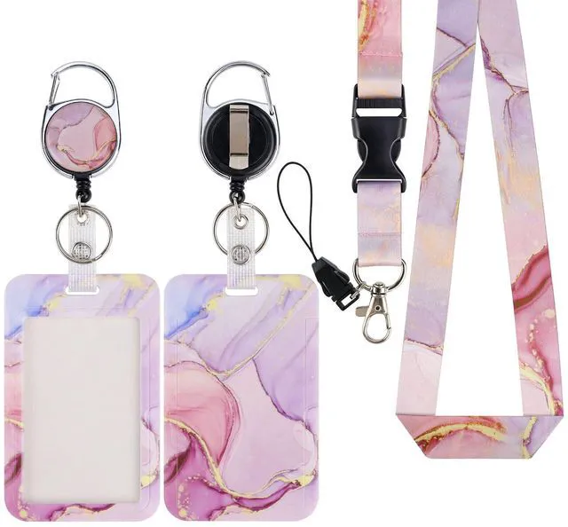 Main image of Marble ID Badge Holder Vertical Id Card Clip with Detachable Keychain Lanyard & Retractable Badge Holder Reel for Women Name Tag Badge Clip for Teacher Student Nurse Doctor Office Staff (Pink)