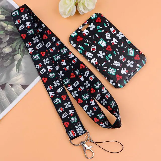 Alt view image 3 of 5 - BKBKAAK Nurse Lanyards for ID Badges for Women Cute, Black Name Tag Badge Holder with Soft Silky Neck Lanyard, Medicine Keychain with Lanyard for Doctor, Hospital, Office