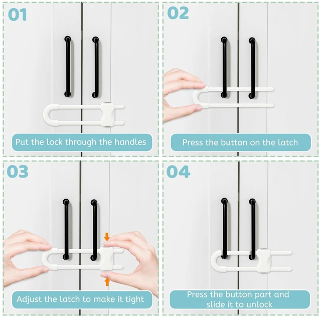 Alt view image 3 of 7 - Baby Proofing Cabinets, Sliding Cabinet Locks for Babies, Adjustable U Shaped Baby Safety Locks, Childproof Cabinet Latch for Kitchen, Bathroom, Drawer, Cupboard Doors Knobs & Handles (2Pack White)