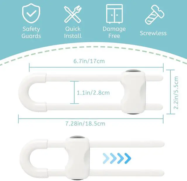 Alt view image 2 of 7 - Baby Proofing Cabinets, Sliding Cabinet Locks for Babies, Adjustable U Shaped Baby Safety Locks, Childproof Cabinet Latch for Kitchen, Bathroom, Drawer, Cupboard Doors Knobs & Handles (2Pack White)
