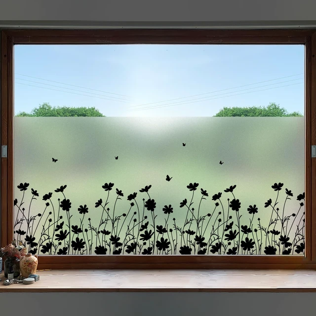 Main image of DKTIE Window Privacy Film Flowers Pure Black Stained Glass Window Film Decorative Frosted Glass Window Film Sun Blocking Heat Control Static Cling (A274-Black, 17.5in X 78.7in)