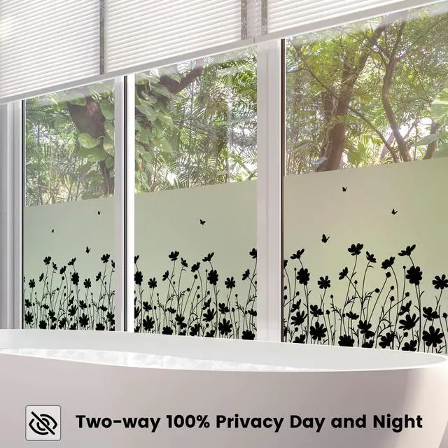 Alt view image 2 of 7 - DKTIE Window Privacy Film Flowers Pure Black Stained Glass Window Film Decorative Frosted Glass Window Film Sun Blocking Heat Control Static Cling (A274-Black, 17.5in X 78.7in)