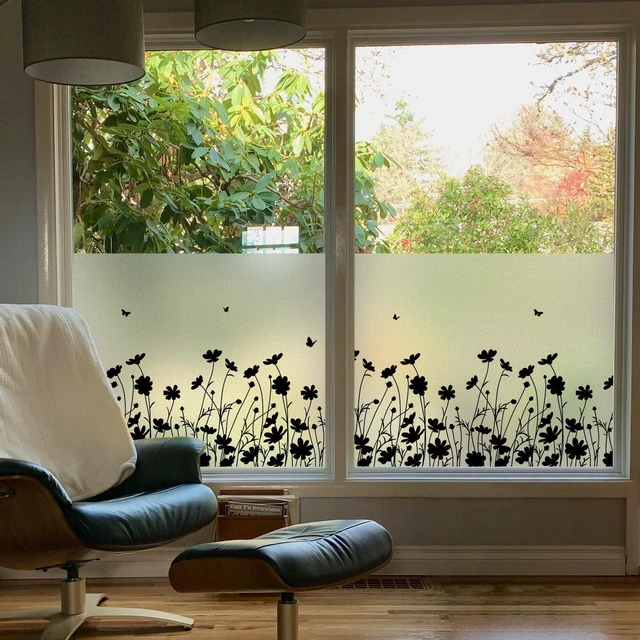 Alt view image 3 of 7 - DKTIE Window Privacy Film Flowers Pure Black Stained Glass Window Film Decorative Frosted Glass Window Film Sun Blocking Heat Control Static Cling (A274-Black, 17.5in X 78.7in)