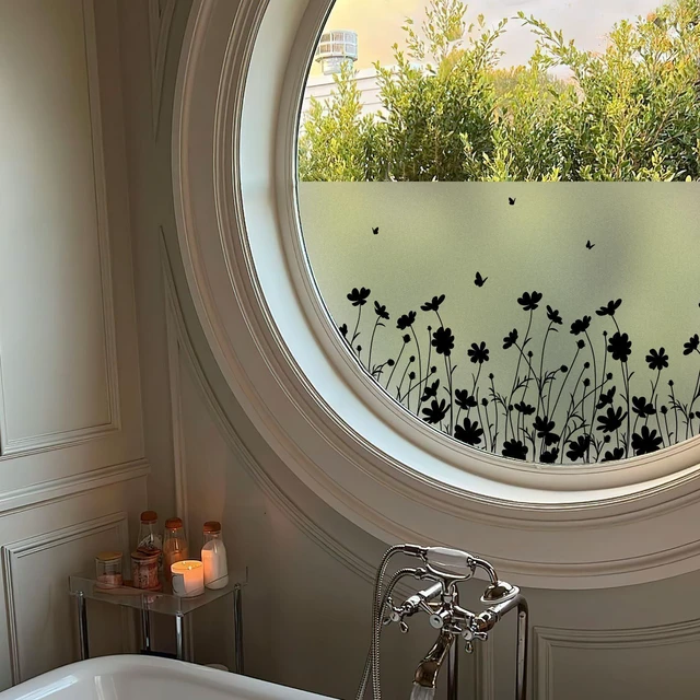 Alt view image 5 of 7 - DKTIE Window Privacy Film Flowers Pure Black Stained Glass Window Film Decorative Frosted Glass Window Film Sun Blocking Heat Control Static Cling (A274-Black, 17.5in X 78.7in)