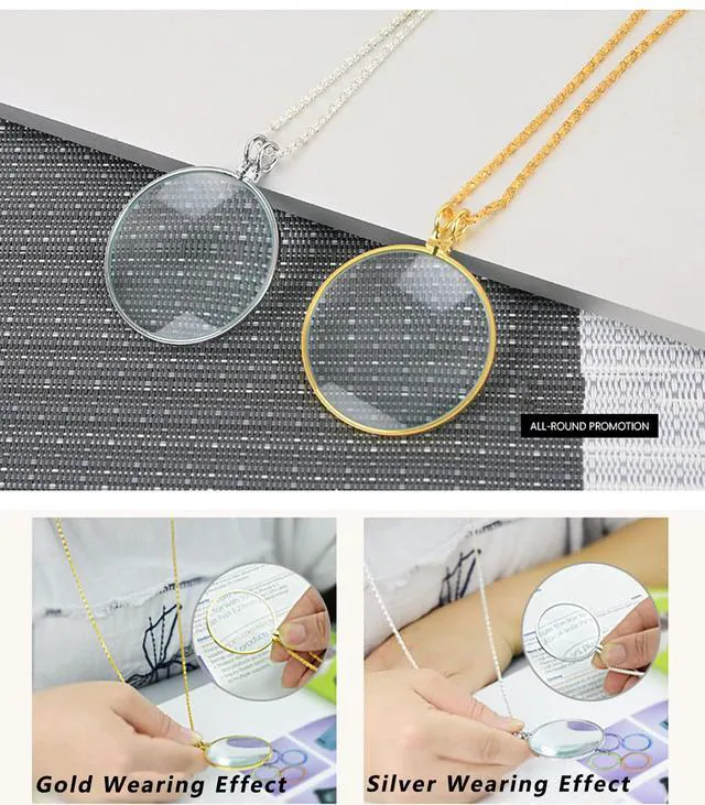 Alt view image 2 of 7 - Magnifying Glass Necklace Monocle, 5X Necklace Magnifier with 1.6 inch Glass Lens and 35.4 inch Long Chain, Magnifying Pendant Eyepiece for Library, Reading (Gold)