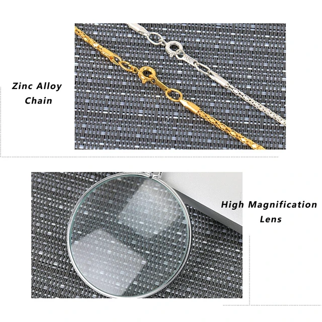 Alt view image 3 of 7 - Magnifying Glass Necklace Monocle, 5X Necklace Magnifier with 1.6 inch Glass Lens and 35.4 inch Long Chain, Magnifying Pendant Eyepiece for Library, Reading (Gold)