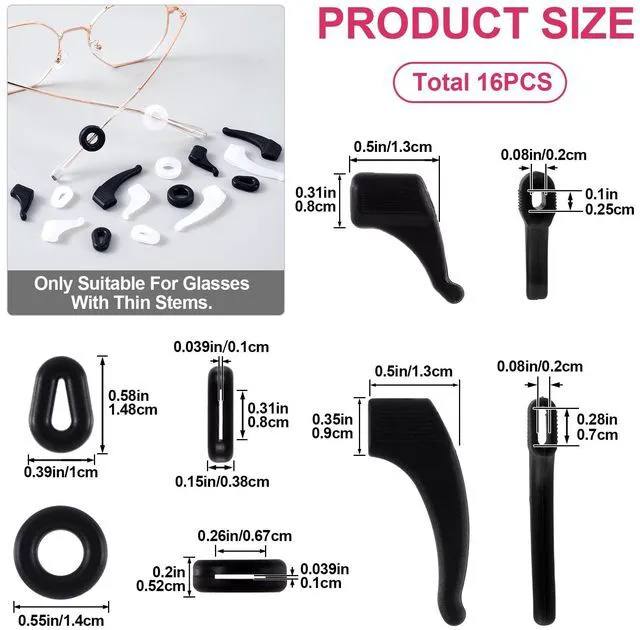 Alt view image 2 of 7 - HINZIC 8 Pairs Round Eyeglasses Ear Grips, Soft Silicone Retainers Behind The Ear Hooks, Anti-Slip Holder Eyeglasses Stopper for Sunglasses, Reading Glasses Women Men - 4 Styles, Black, White