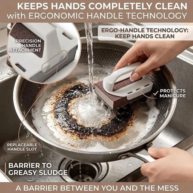 Alt view image 2 of 6 - Decontamination Cleaning Brush, Magic Cleaning Sponge, Nano Carborundum Emery Sponge Scrubber with Handle, Carbide Cleaning Brush, Rust Eraser Sponge for BBQ Grill, Pots and Pans (1 Handle+3 Sponge)