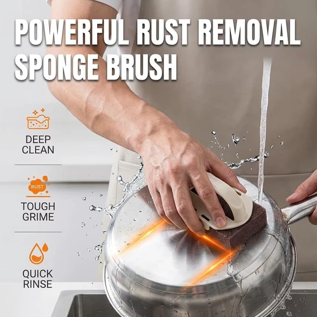 Alt view image 3 of 6 - Decontamination Cleaning Brush, Magic Cleaning Sponge, Nano Carborundum Emery Sponge Scrubber with Handle, Carbide Cleaning Brush, Rust Eraser Sponge for BBQ Grill, Pots and Pans (1 Handle+3 Sponge)