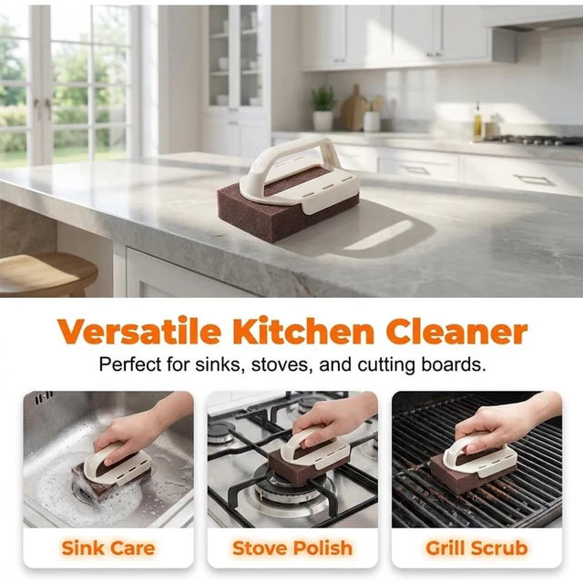 Alt view image 4 of 6 - Decontamination Cleaning Brush, Magic Cleaning Sponge, Nano Carborundum Emery Sponge Scrubber with Handle, Carbide Cleaning Brush, Rust Eraser Sponge for BBQ Grill, Pots and Pans (1 Handle+3 Sponge)