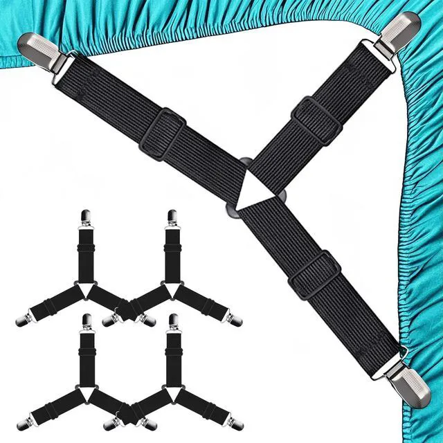 Main image of Tasttin Fitted Bed Sheet Straps: Sheet Holder Suspenders (Black, 4-Pack) | Fitted Bed Sheet Straps: Adjustable elastic sheet suspenders with metal clips to keep sheets tight