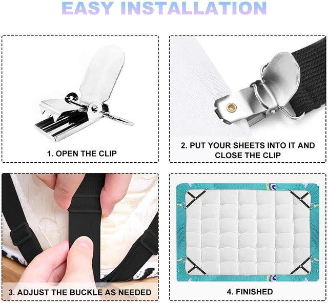 Alt view image 4 of 7 - Tasttin Fitted Bed Sheet Straps: Sheet Holder Suspenders (Black, 4-Pack) | Fitted Bed Sheet Straps: Adjustable elastic sheet suspenders with metal clips to keep sheets tight