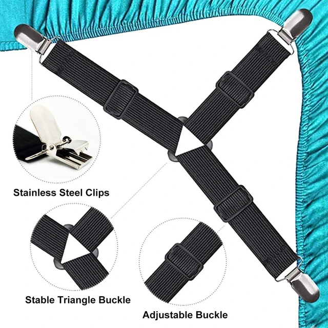 Alt view image 5 of 7 - Tasttin Fitted Bed Sheet Straps: Sheet Holder Suspenders (Black, 4-Pack) | Fitted Bed Sheet Straps: Adjustable elastic sheet suspenders with metal clips to keep sheets tight