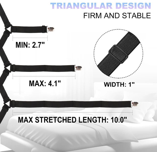 Alt view image 6 of 7 - Tasttin Fitted Bed Sheet Straps: Sheet Holder Suspenders (Black, 4-Pack) | Fitted Bed Sheet Straps: Adjustable elastic sheet suspenders with metal clips to keep sheets tight