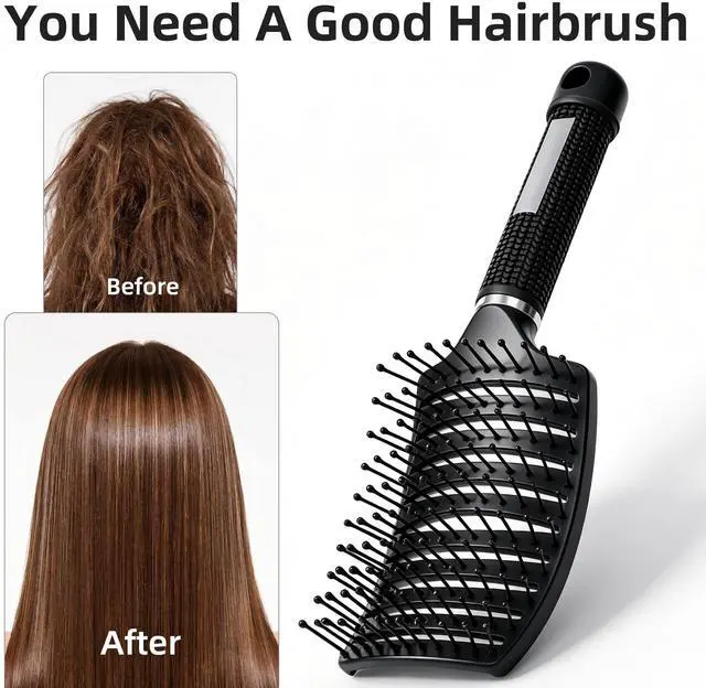 Alt view image 2 of 7 - Hairbrush, Soft Bristle Detangling Hair Brush for Curly Wavy Straight, Wet Dry, Thick Fine Hair, Ergonomic Curved Hair Brushes for Women Men Kids (Black)