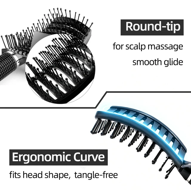 Alt view image 3 of 7 - Hairbrush, Soft Bristle Detangling Hair Brush for Curly Wavy Straight, Wet Dry, Thick Fine Hair, Ergonomic Curved Hair Brushes for Women Men Kids (Black)