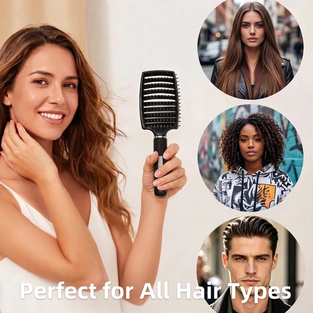Alt view image 5 of 7 - Hairbrush, Soft Bristle Detangling Hair Brush for Curly Wavy Straight, Wet Dry, Thick Fine Hair, Ergonomic Curved Hair Brushes for Women Men Kids (Black)