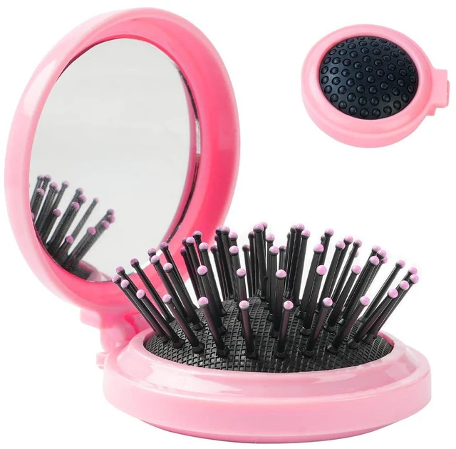 Main image of 2 Pieces Folding Travel Mirror Hair Brushes, Pocket Hair Comb, Hair Brush with Mirror, Round Mini Hair Brush for Women and Girls (Pink)
