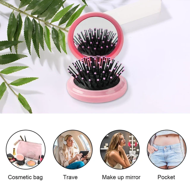 Alt view image 5 of 6 - 2 Pieces Folding Travel Mirror Hair Brushes, Pocket Hair Comb, Hair Brush with Mirror, Round Mini Hair Brush for Women and Girls (Pink)
