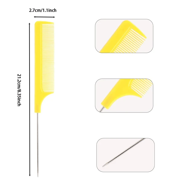 Alt view image 2 of 6 - Rat Tail Combs Set 6 Pcs Professional Teasing Comb with Metal Pick Styling Parting Braiding Salon Cutting Barber Hair Stylists Curly All Hair Types For Women Men and Girls