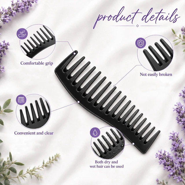 Alt view image 2 of 7 - Plastic Detangler Hair Comb, Wide Tooth Barber Comb, Black, 2Pcs | 7.2 Inch All-Purpose Hair Grooming Combs Portable Detangler Combs for Women Men Thick Curly Hair Styling
