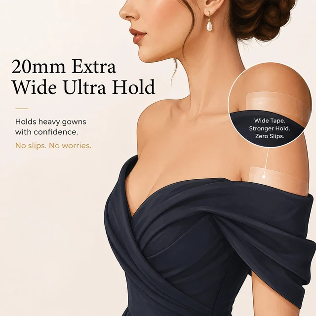 Alt view image 2 of 7 - 50 PCS Double Sided Body Tape for Heavy Dresses and Large Bust Individuals | 85x20mm extra wide invisible skin tape, skin friendly fabric adhesive for garment alteration & securing clothes stickers