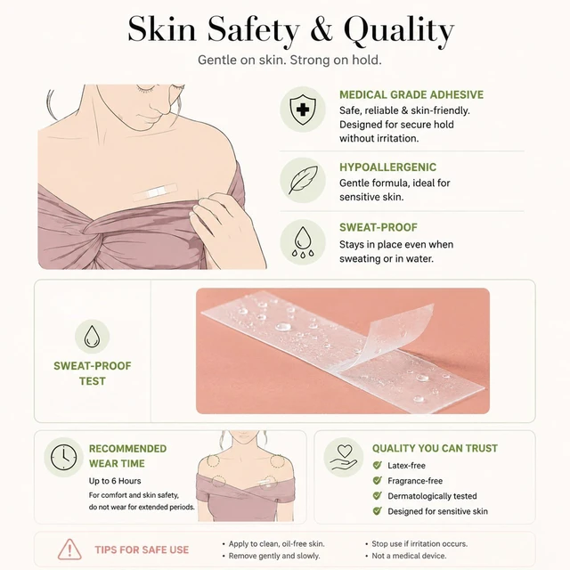 Alt view image 4 of 7 - 50 PCS Double Sided Body Tape for Heavy Dresses and Large Bust Individuals | 85x20mm extra wide invisible skin tape, skin friendly fabric adhesive for garment alteration & securing clothes stickers
