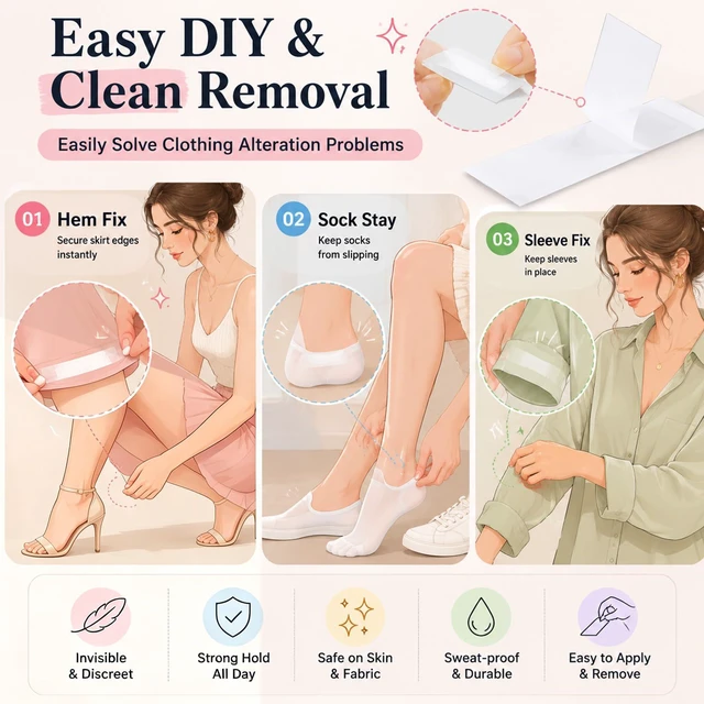 Alt view image 6 of 7 - 50 PCS Double Sided Body Tape for Heavy Dresses and Large Bust Individuals | 85x20mm extra wide invisible skin tape, skin friendly fabric adhesive for garment alteration & securing clothes stickers