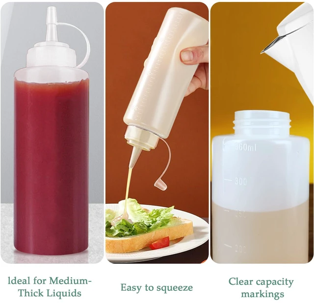 Alt view image 4 of 6 - 12 oz Semi-Transparent Soft Plastic Condiment Squeeze Bottle, Leak-Proof, Plastic Squirt Bottles for Sauce, Syrup, and Oil