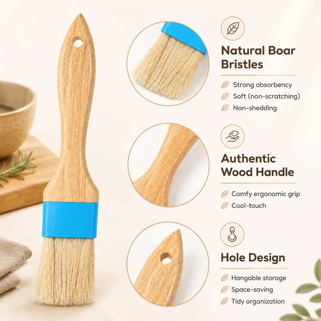 Alt view image 3 of 7 - FNANJWQ 2Pcs Pastry Brush, Natural Bristle Basting Baking Brush | Pastry Brush, Wooden Handle with Hang Hole for Cooking and Baking, Premium BBQ Brushes for Butter, Oil, Egg, Sauce, Turkey