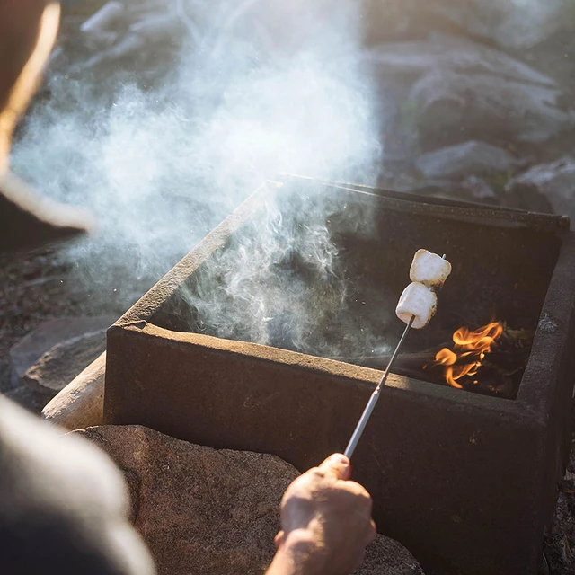 Alt view image 2 of 7 - Coghlan's Telescoping Roasting Fork Stainless Steel Skewers for Marshmallows & Hot Dogs Extends 12.5" to 34" with Wooden Handle & Thumb Roller for Easy Rotation
