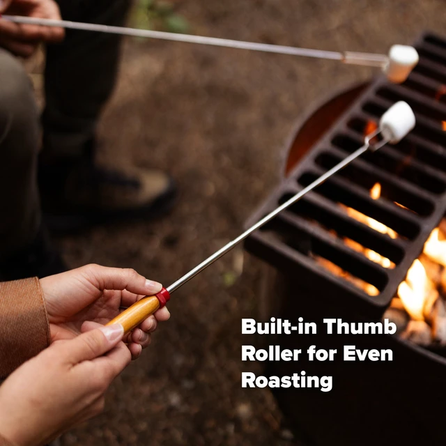 Alt view image 4 of 7 - Coghlan's Telescoping Roasting Fork Stainless Steel Skewers for Marshmallows & Hot Dogs Extends 12.5" to 34" with Wooden Handle & Thumb Roller for Easy Rotation