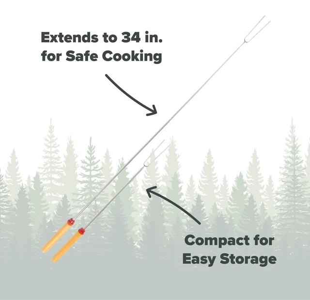 Alt view image 5 of 7 - Coghlan's Telescoping Roasting Fork Stainless Steel Skewers for Marshmallows & Hot Dogs Extends 12.5" to 34" with Wooden Handle & Thumb Roller for Easy Rotation