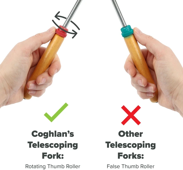 Alt view image 6 of 7 - Coghlan's Telescoping Roasting Fork Stainless Steel Skewers for Marshmallows & Hot Dogs Extends 12.5" to 34" with Wooden Handle & Thumb Roller for Easy Rotation