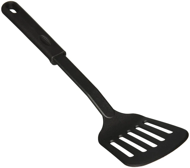 Main image of Winco Nylon Slotted Spatula, Black Medium, 12-3/4" | Heat resistant up to 410°F, Wide slotted blade, Restaurant service, Great for Griddles, Burgers, Eggs and Kitchen Prep