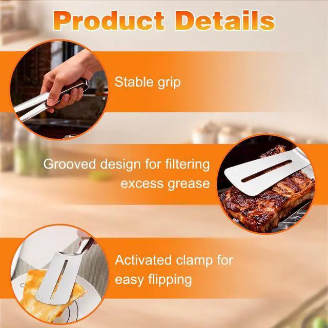 Alt view image 3 of 7 - 2PCS Stainless Steel Grill Clamp, Anti-Scald Extended Handle Spatula Tong, 2026 New Multi-Functional Stainless Steel Barbecue Clamp Food, for Flipping Steak, Fish, Bread, Pizza