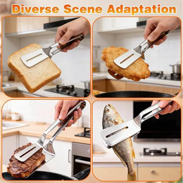 Alt view image 2 of 7 - 2PCS Stainless Steel Grill Clamp, Anti-Scald Extended Handle Spatula Tong, 2026 New Multi-Functional Stainless Steel Barbecue Clamp Food, for Flipping Steak, Fish, Bread, Pizza