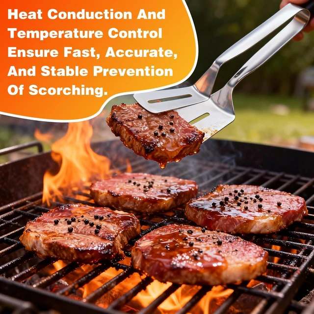 Alt view image 5 of 7 - 2PCS Stainless Steel Grill Clamp, Anti-Scald Extended Handle Spatula Tong, 2026 New Multi-Functional Stainless Steel Barbecue Clamp Food, for Flipping Steak, Fish, Bread, Pizza