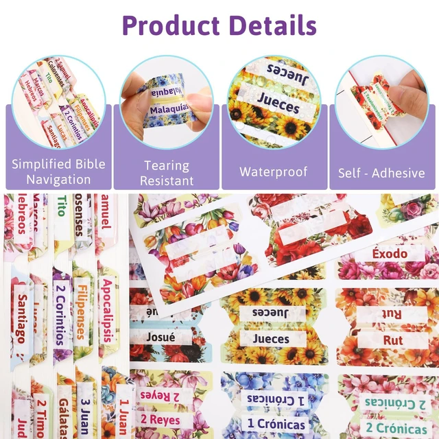 Alt view image 3 of 7 - Ceiba Tree Spanish Bible Tabs Laminated Bible Index Tabs | 100Pcs Floral Design, Pestañas de la Biblia en Español , New and Old Testament Tabs, Women Men Chapters Journaling Supplies