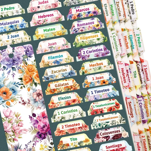 Main image of Ceiba Tree Spanish Bible Tabs Laminated Bible Index Tabs | 100Pcs Floral Design, Pestañas de la Biblia en Español , New and Old Testament Tabs, Women Men Chapters Journaling Supplies