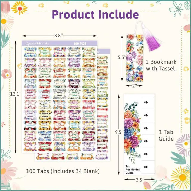 Alt view image 2 of 7 - Ceiba Tree Spanish Bible Tabs Laminated Bible Index Tabs | 100Pcs Floral Design, Pestañas de la Biblia en Español , New and Old Testament Tabs, Women Men Chapters Journaling Supplies