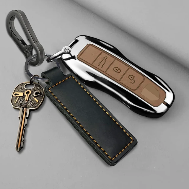 Alt view image 5 of 6 - Yebongda Key Chain Genuine Leather Car Keychain Universal Key Fob Keychain D-ring Key Chain Holder for Men and Women (Grey Clip+Black Tag)