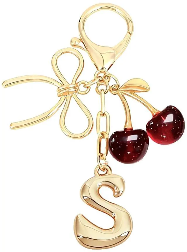 Main image of Veryrich Cute Initial Keychain with Bow & Cherry - Gold Letter Bag Charms for Women, Car keyrings Purse Handbag Accessories (Red - Bow Cherry Letter S)