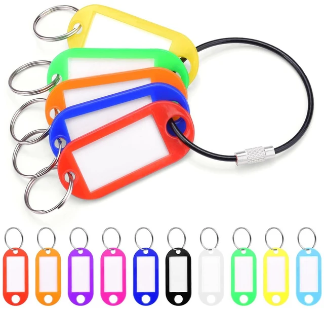 Main image of 10 Pack Plastic Key Tags with Labels and Split Ring, Black Keychain Cable and Key Labels for Keys, USB Drive and Luggage Organization - 10 Colors