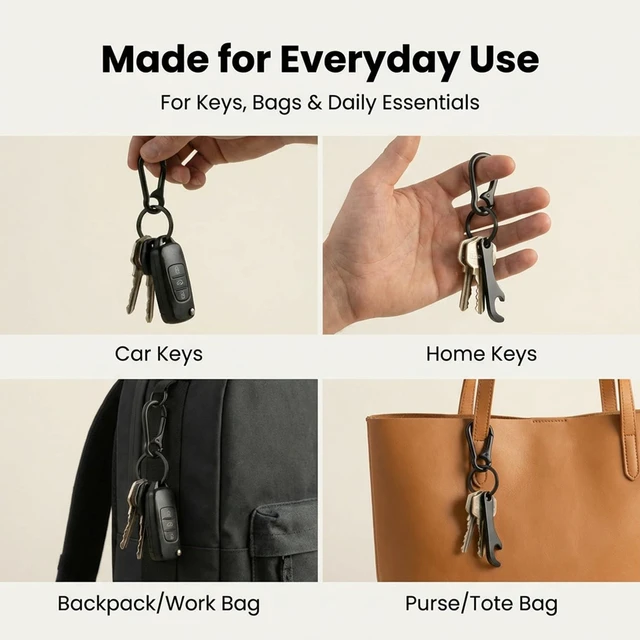 Alt view image 3 of 7 - OXIHOUSE&CO- Metal Carabiner Keychain Set of 2, Silver Black Minimalist Key Ring Clip Holder for Car Keys, House Keys, Backpack, Purse, Durable Keychain for Women Men