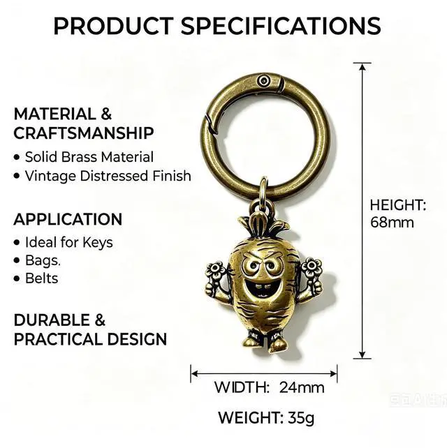 Alt view image 6 of 7 - Majewel Antique Brass Carabiner Keychain, Vintage Style Cute Key Ring with Decorative Charms, for Keys, Backpacks, Pursesgifts for him/Father(Carrot)
