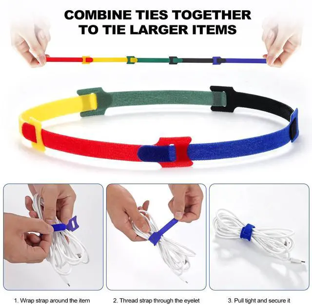 Alt view image 5 of 7 - 100PCS 6"Reusable Cable Ties for Cable Management | reusable hook and loop cable ties for Home, Office and Data Centers, 5 Colors.