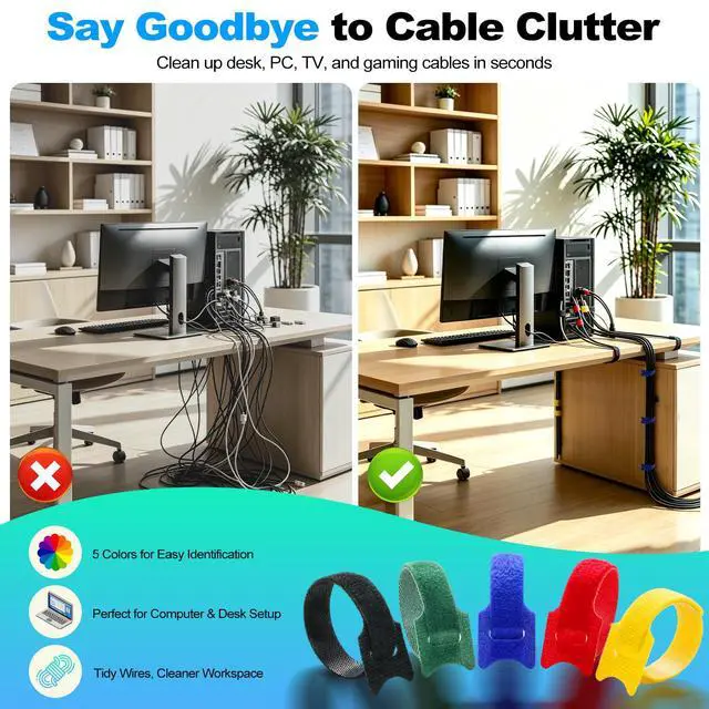 Alt view image 6 of 7 - 100PCS 6"Reusable Cable Ties for Cable Management | reusable hook and loop cable ties for Home, Office and Data Centers, 5 Colors.